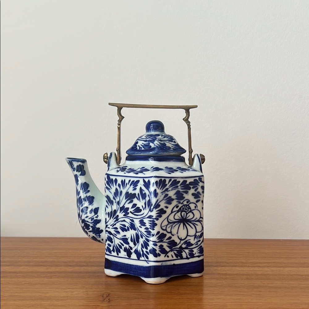Vintage Porcelain Teapot Hexagon Shape with Brass Handle